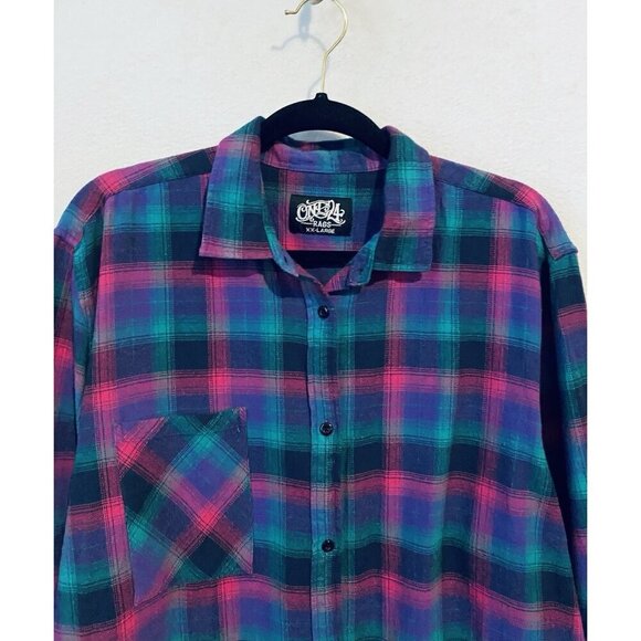 One 24 Rags Top Womens XXL Bright Plaid Flannel Fringe Hem Button Up Long Grunge - Picture 2 of 8